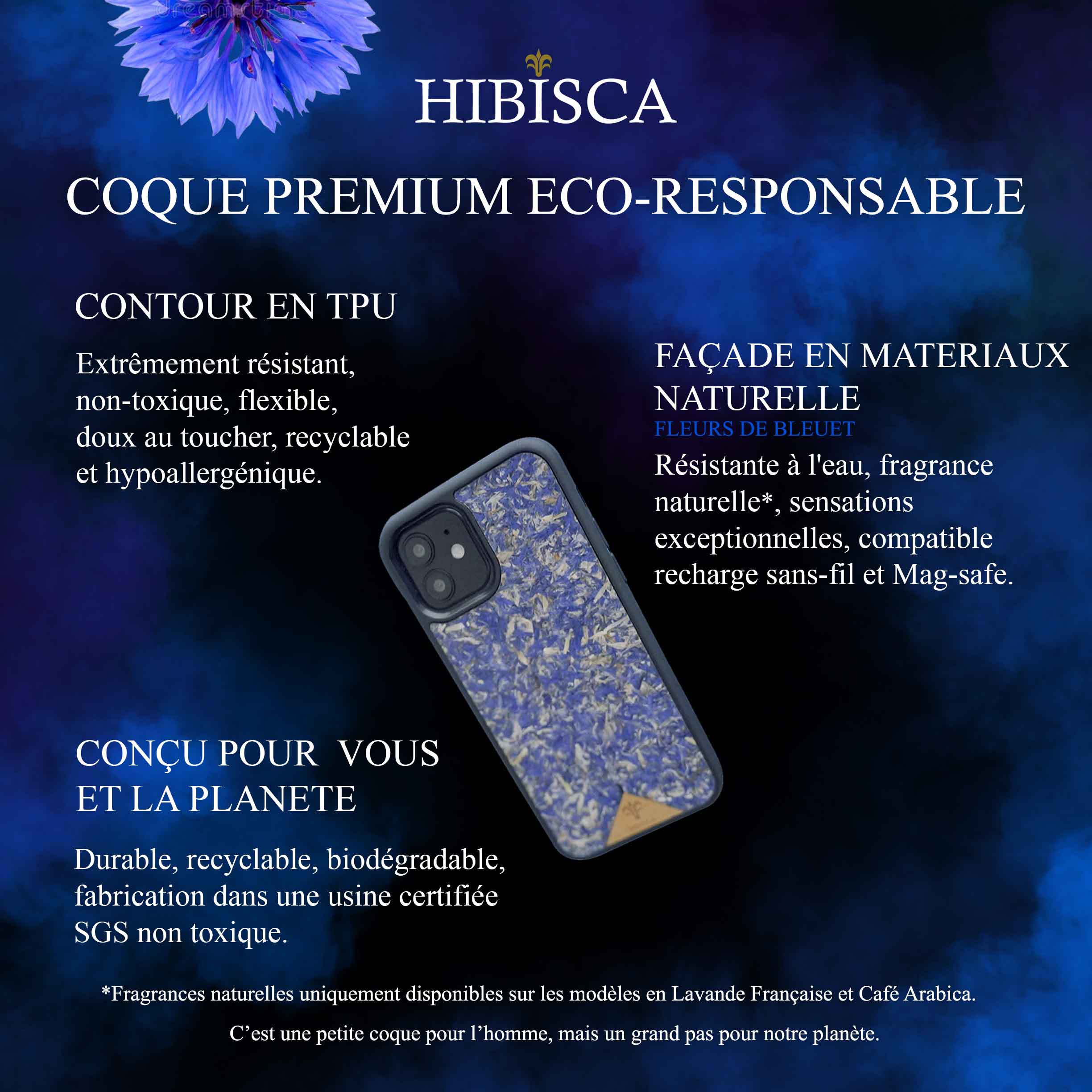 Image représentant une coque iphone écoresponsable Hibisca faite à partir de fleurs de bleuet.